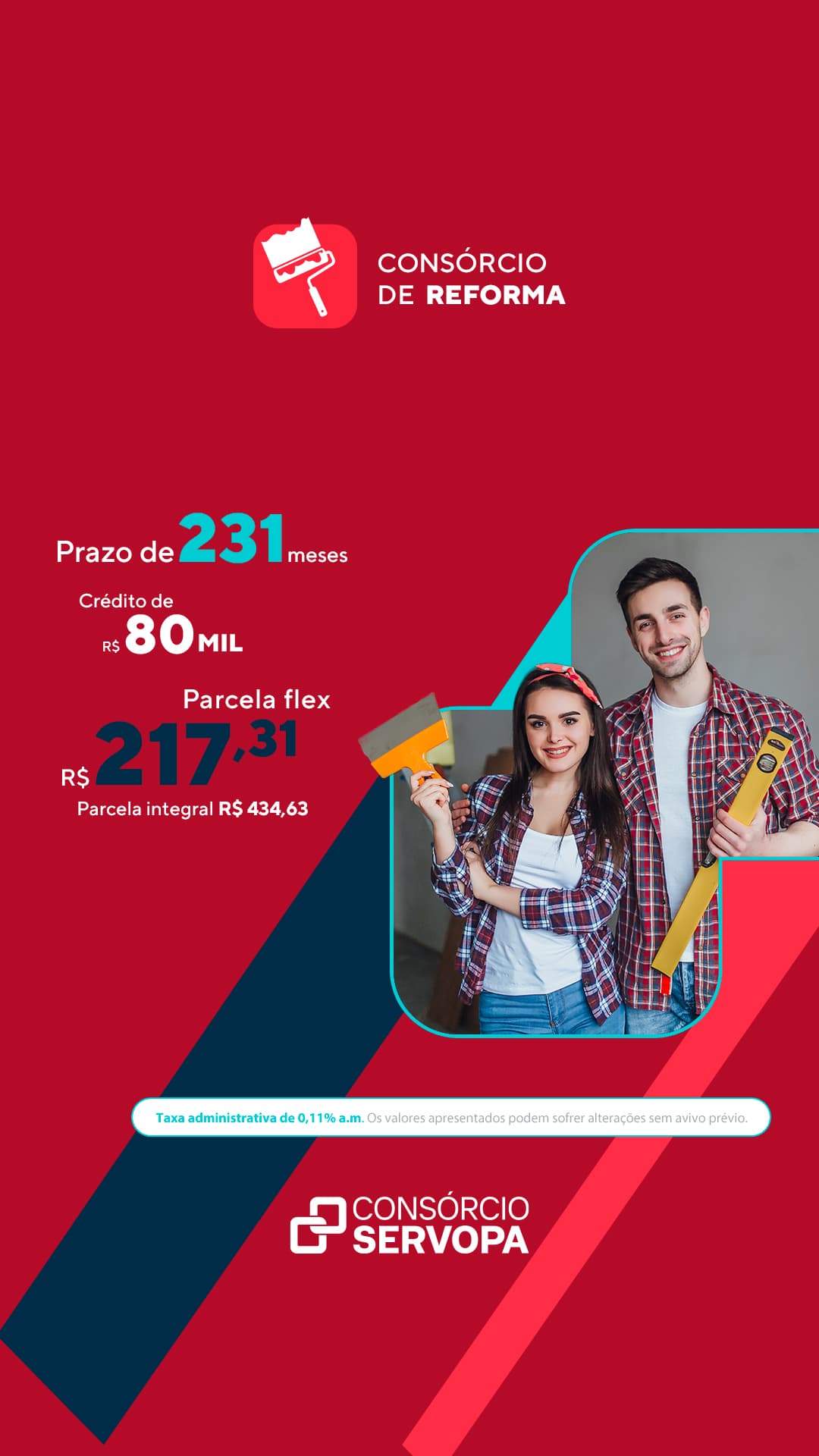 Consórcio de Reforma - Crédito R$ 80 mil - Parcela flex R$ 217